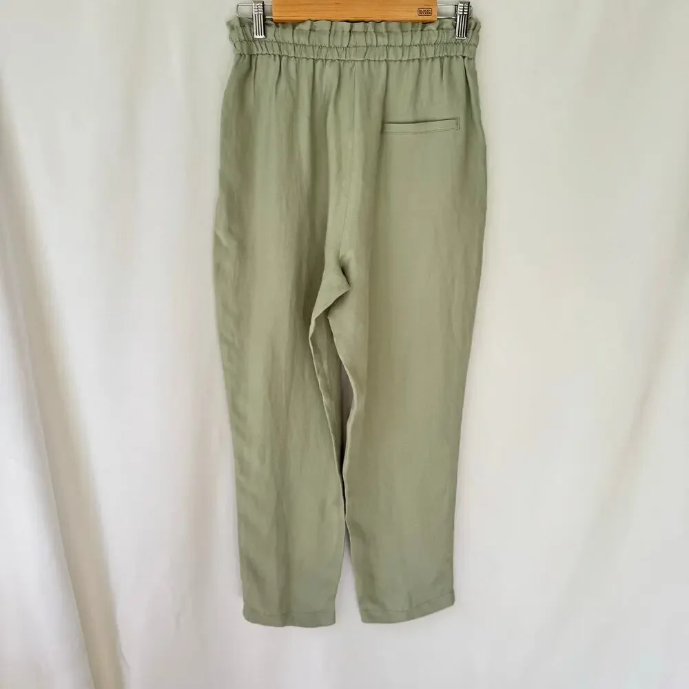 NEW Zara Women Linen Blend Pull On Pant Size S Elastic Waist Beachy Casual Green